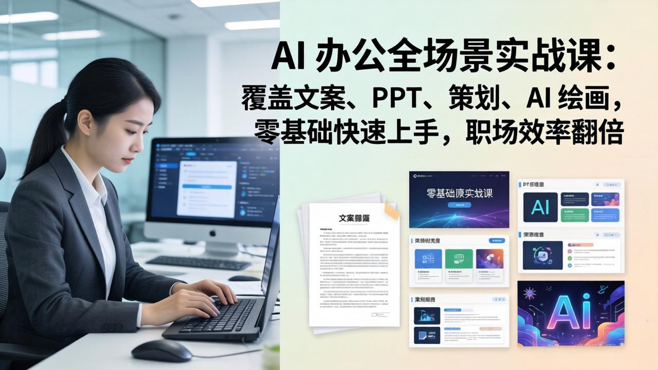 AI 办公全场景实战课：覆盖文案、PPT、策划、AI 绘画，零基础快速上手，职场效率翻倍-鸿途网创资源站