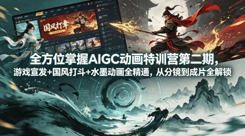 全方位掌握AIGC动画特训营第二期，游戏宣发+国风打斗+水墨动画全精通，从分镜到成片全解锁-鸿途网创资源站