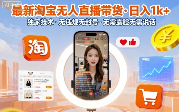 最新淘宝无人直播带货，日入1k+，独家技术，无违规无封号，无需露脸无需说话【揭秘】-鸿途网创资源站