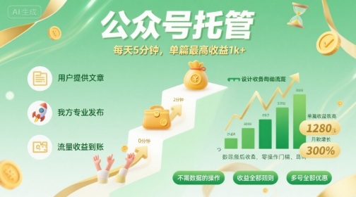 【公众号托管 】我提供文章，你发布，每天5分钟，单篇最高收益1k+【揭秘】-鸿途网创资源站