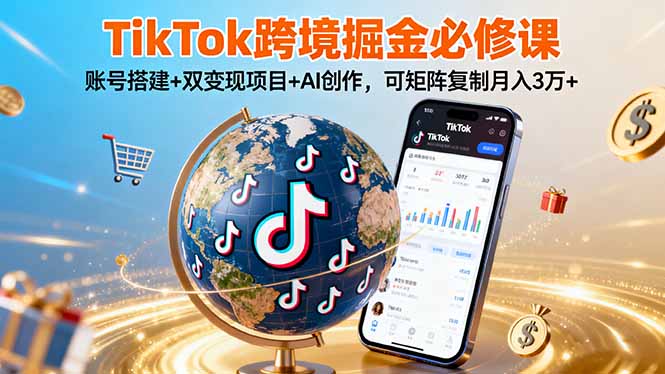 TikTo跨境掘金必修课，账号搭建+双变现项目+AI创作，可矩阵复制月入3万+-鸿途网创资源站