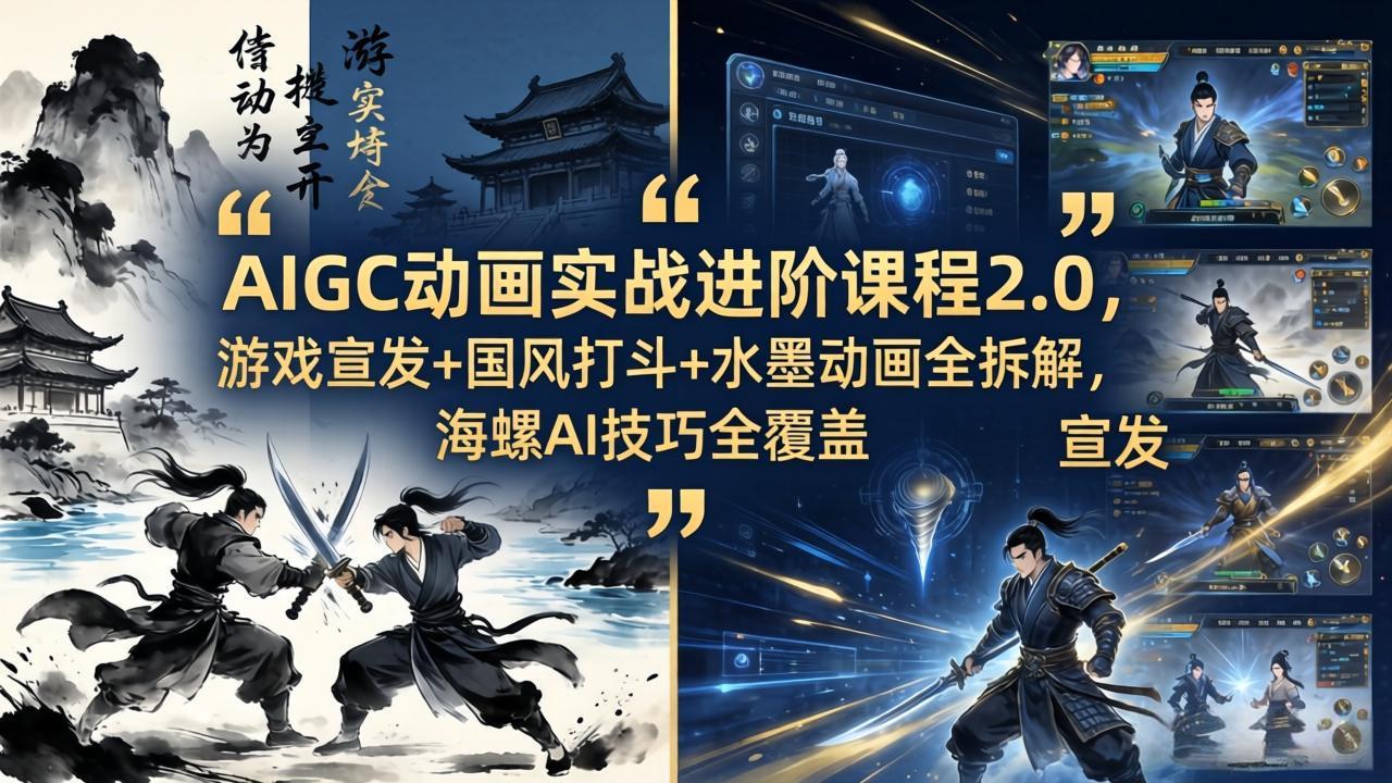 AIGC动画实战进阶课程2.0，游戏宣发+国风打斗+水墨动画全拆解，海螺AI技巧全覆盖-鸿途网创资源站