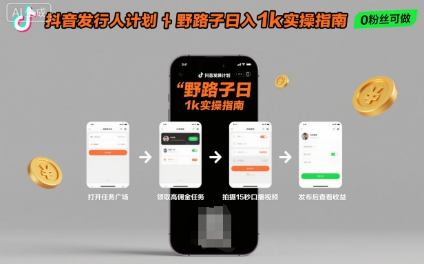 抖音发行人计划全新野路子玩法，随时随地，只要有手机，就能操作，日入1k+【揭秘】-鸿途网创资源站