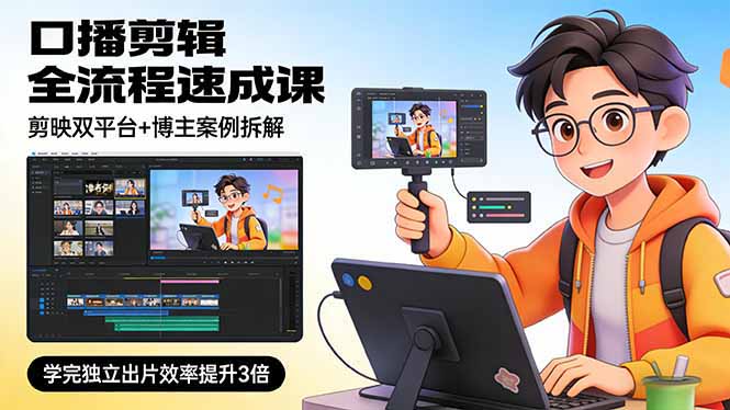 口播剪辑全流程速成课，剪映双平台+博主案例拆解，学完独立出片效率提升3倍-鸿途网创资源站