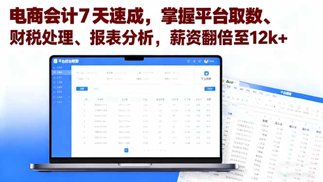 电商会计7天速成，掌握平台取数、财税处理、报表分析，薪资翻倍至12k+-鸿途网创资源站