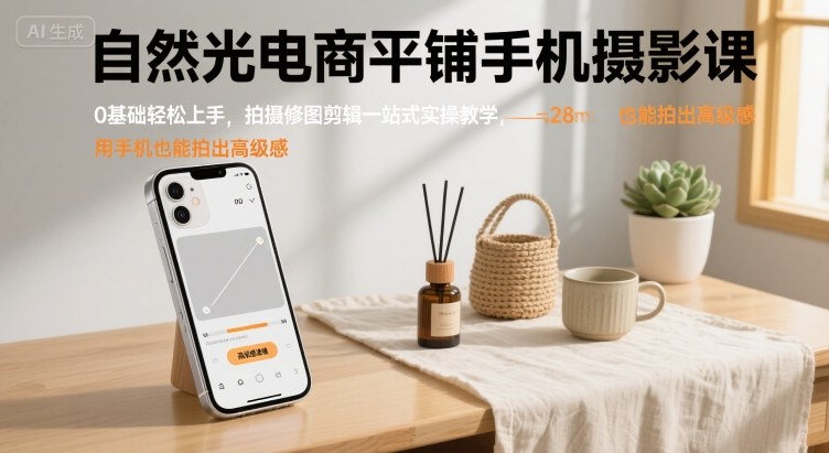 自然光电商平铺手机摄影课，0基础轻松上手，拍摄修图剪辑一站式实操教学，用手机也能拍出高级感-鸿途网创资源站