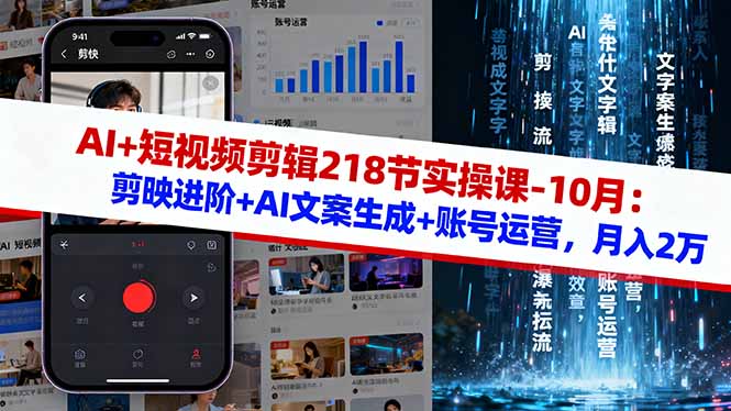 AI+短视频剪辑218节实操课-10月：剪映进阶+AI文案生成+账号运营，月入2万-鸿途网创资源站