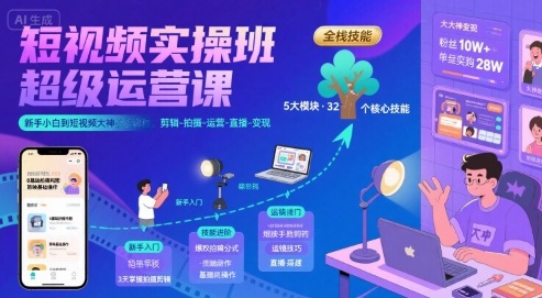 短视频实操班超级运营课，新手小白到短视频大神必修课程，剪辑-拍摄-运营-直播-变现-鸿途网创资源站