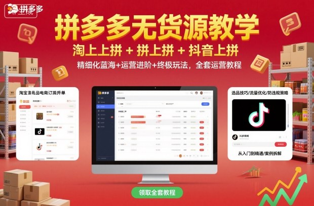 拼多多无货源教学，淘上拼+拼上拼+抖上拼，精细化蓝海+运营进阶+终极玩法，全套运营教程-鸿途网创资源站