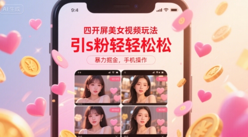 四开屏美女视频玩法，引s粉轻轻松松，暴力掘金，手机操作【揭秘】-鸿途网创资源站