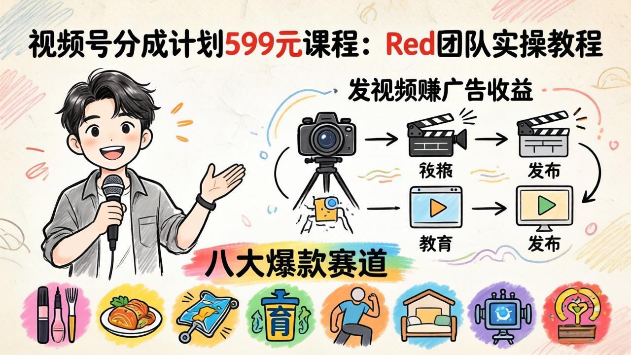 视频号分成计划599元课程：Red团队实操教程，发视频赚广告收益，八大爆款赛道全掌握-鸿途网创资源站