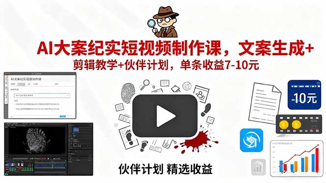 AI大案纪实短视频制作课，文案生成+剪辑教学+伙伴计划，单条收益7-10元-鸿途网创资源站