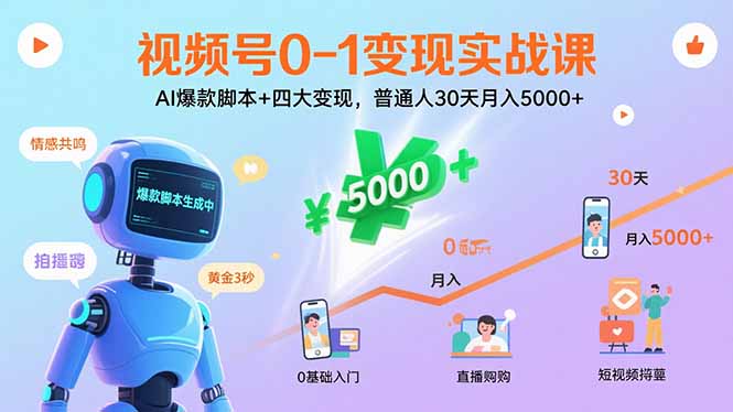 视频号0-1变现实战课：AI爆款脚本+四大变现，普通人30天月入5000+-鸿途网创资源站