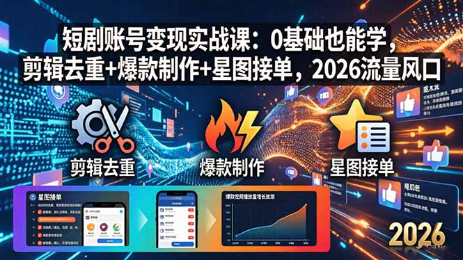 短剧账号变现实战课：0基础也能学，剪辑去重+爆款制作+星图接单，2026流量风口-鸿途网创资源站