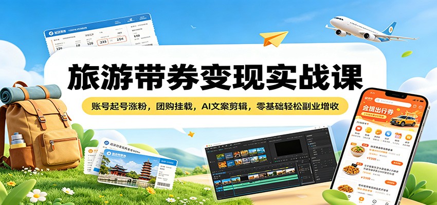 旅游带券变现实战课：账号起号涨粉，团购挂载，AI文案剪辑，零基础轻松副业增收-鸿途网创资源站