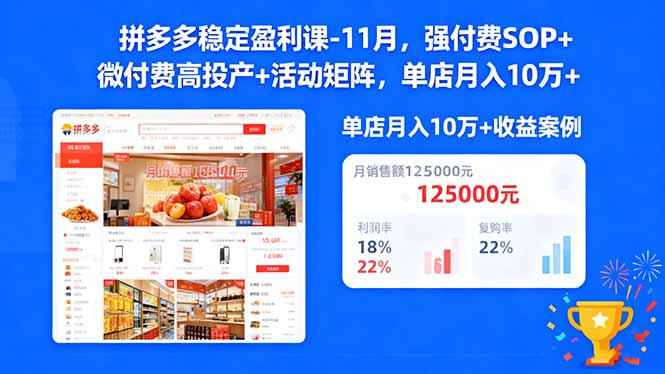 拼多多稳定盈利课-11月，强付费SOP+微付费高投产+活动矩阵，单店月入10万+-鸿途网创资源站