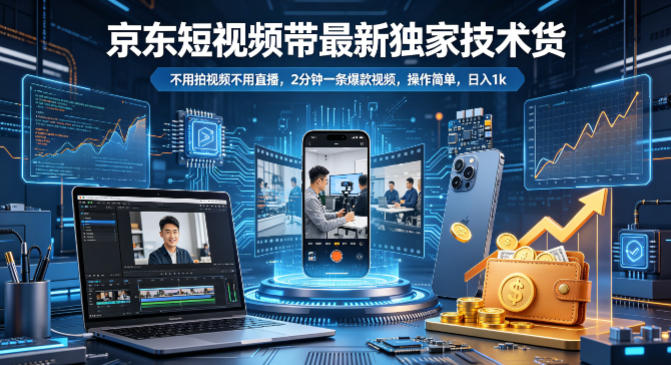 京东短视频带货最新独家技术，不用拍视频不用直播，2分钟一条爆款视频，操作简单，日入1k+【揭秘】-鸿途网创资源站