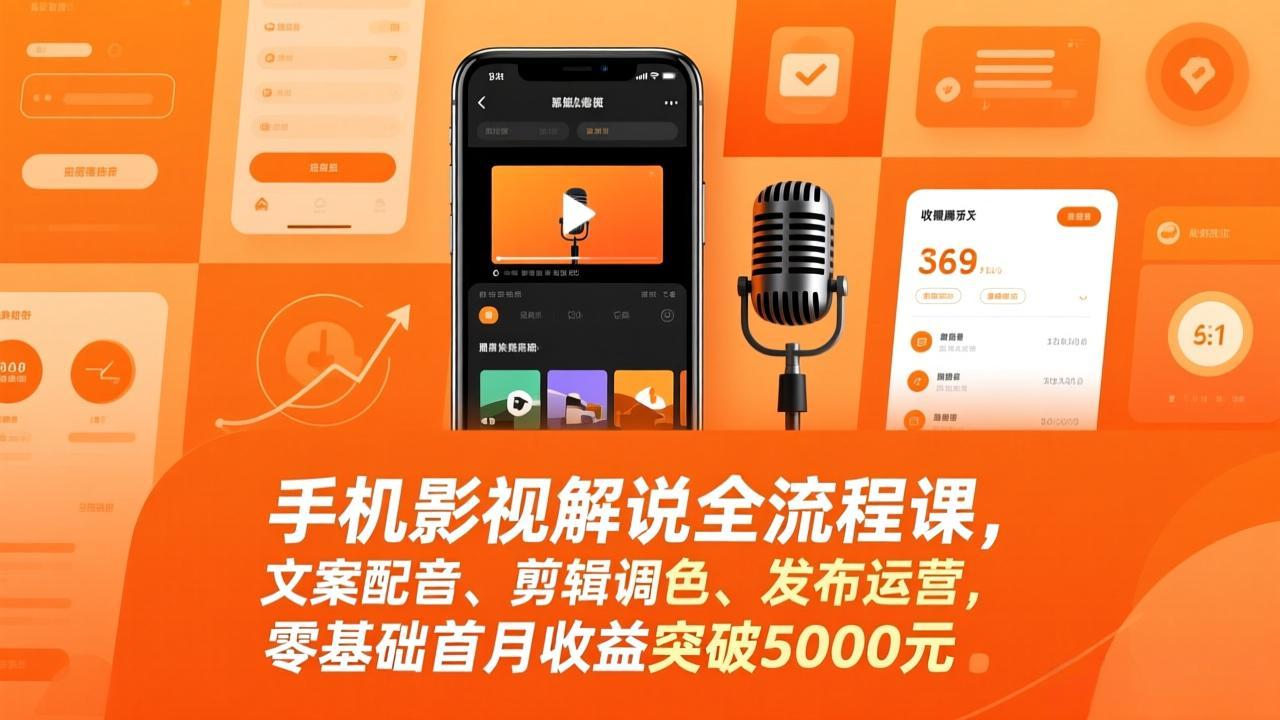手机影视解说全流程课，文案配音、剪辑调色、发布运营，零基础首月收益突破5000元-鸿途网创资源站