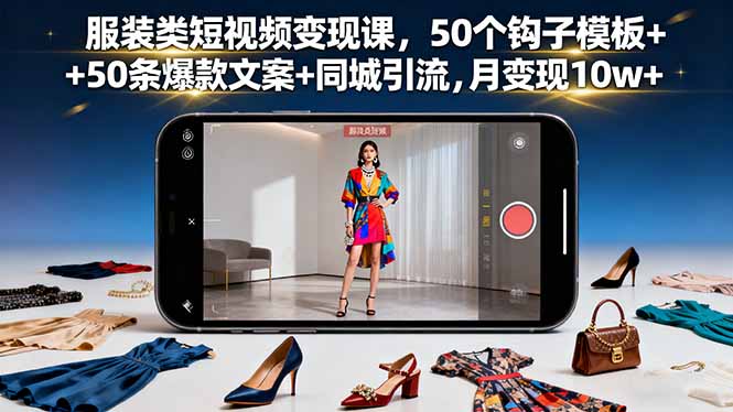 服装类短视频变现课，50个钩子模板+50条爆款文案+同城引流，月变现10w+-鸿途网创资源站