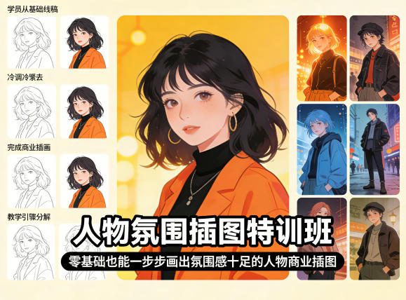 人物氛围插图特训班，零基础也能一步步画出氛围感十足的人物商业插图-鸿途网创资源站