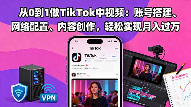 从0到1做TikTok中视频：账号搭建、网络配置、内容创作，轻松实现月入过万-鸿途网创资源站