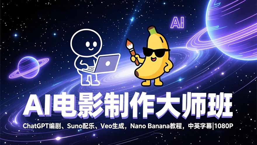 AI电影制作大师班：ChatGPT编剧、Suno配乐、Veo生成，Nano Banana教程，中英字幕|1080P-鸿途网创资源站