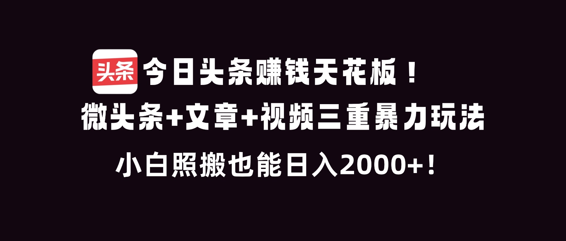 今日头条赚钱天花板！微头条+文章+视频三重暴利玩法，小白照搬也能日人2000+-鸿途网创资源站