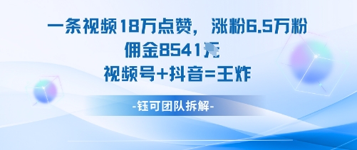 一条视频18W点赞，涨粉6.5W粉佣金8541米，视频号+抖音=王炸-鸿途网创资源站