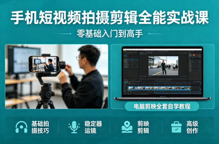 手机短视频拍摄剪辑全能实战课：零基础入门到高手，稳定器运镜+电脑剪映全套自学教程-鸿途网创资源站