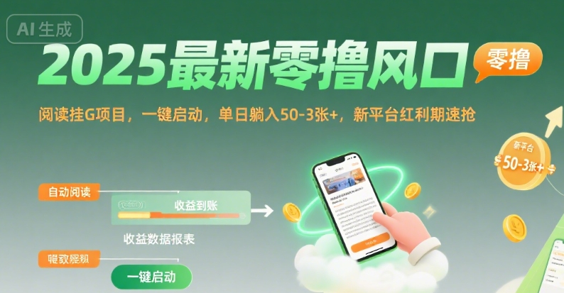 2025最新零撸风口，阅读挂G项目，一键启动，单日躺入 50-3张+，新平台红利期速抢【揭秘】-鸿途网创资源站