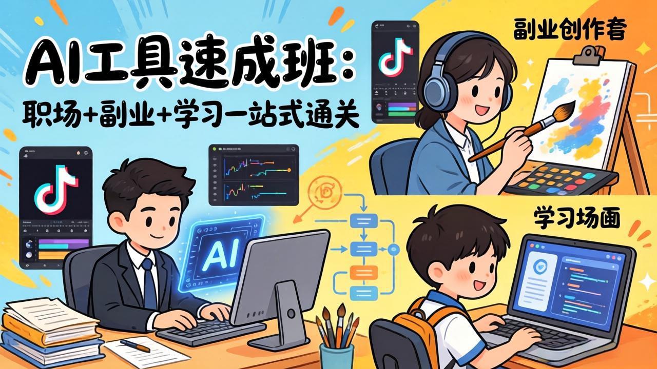AI工具速成班：职场+副业+学习一站式通关，20+爆款类型+剪映技巧+抖音算法，0基础快速上手-鸿途网创资源站