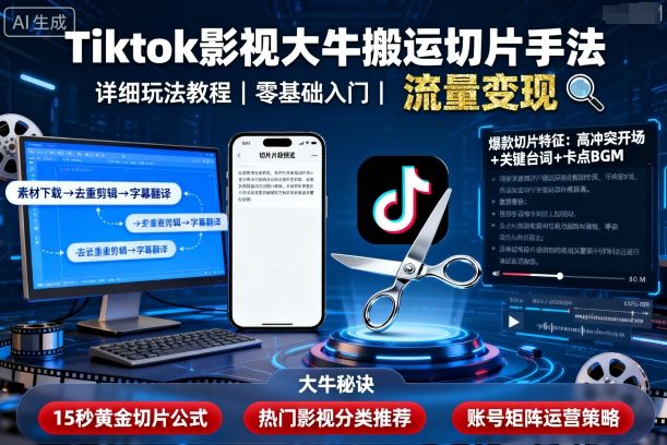 Tiktok影视大牛搬运切片手法，详细玩法教程-鸿途网创资源站