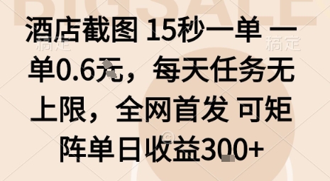 酒店截图15秒一单，一单0.6米，每天任务无上限，全网首发可矩阵单日收益3张【揭秘】-鸿途网创资源站