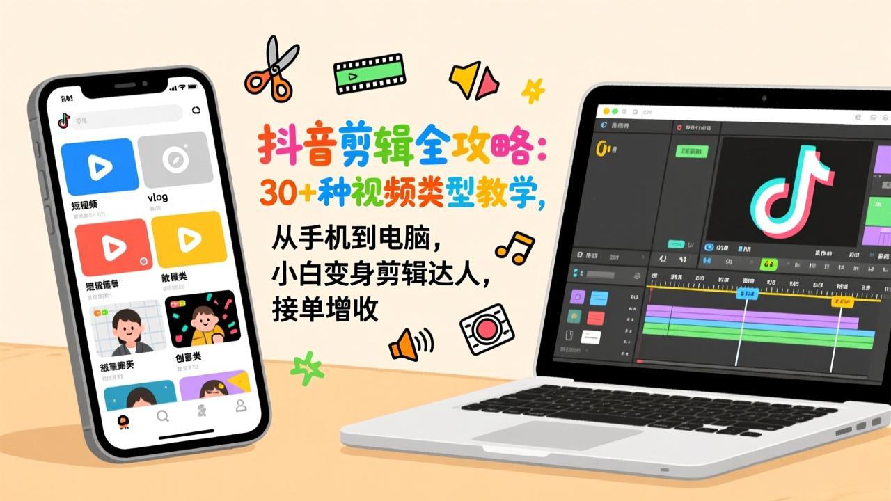 抖音剪辑全攻略：30+种视频类型教学，从手机到电脑，小白变身剪辑达人，接单增收-鸿途网创资源站