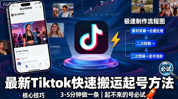 最新Tiktok快速搬运快速起号方法，3-5分钟做一条，起不来的号可以试试-鸿途网创资源站