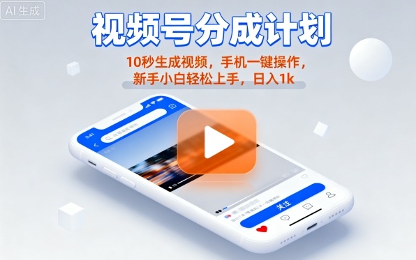 视频号分成计划懒人玩法，10秒生成视频，手机一键操作，新手小白轻松上手，日入1K【揭秘】-鸿途网创资源站