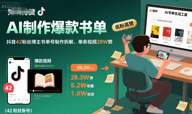 AI制作爆款书单，抖音42粉丝博主书单号制作拆解，单条视频28W赞-鸿途网创资源站