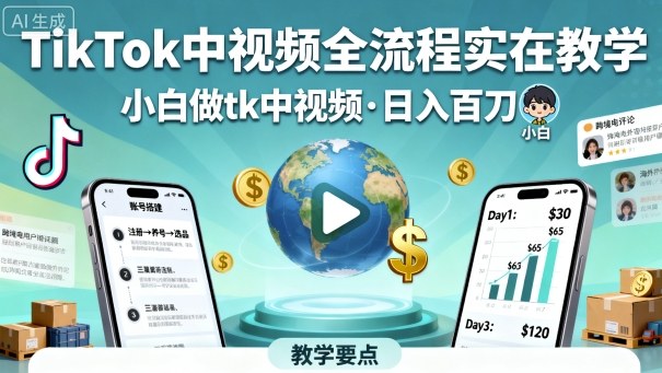 TikTok中视频全流程实操教学，小白做tk中视频，日入百刀-鸿途网创资源站