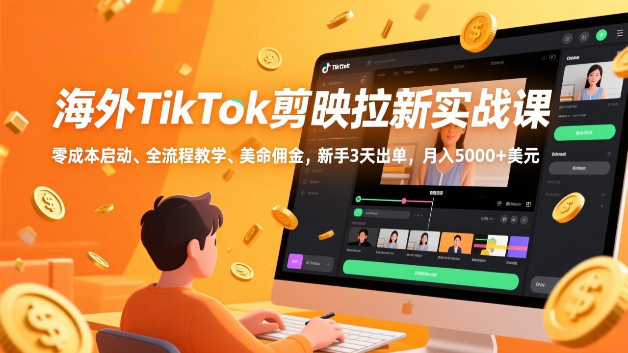 海外TikTok剪映拉新实战课，零成本启动、全流程教学、美金佣金，新手3天出单，月入5000+美元-鸿途网创资源站