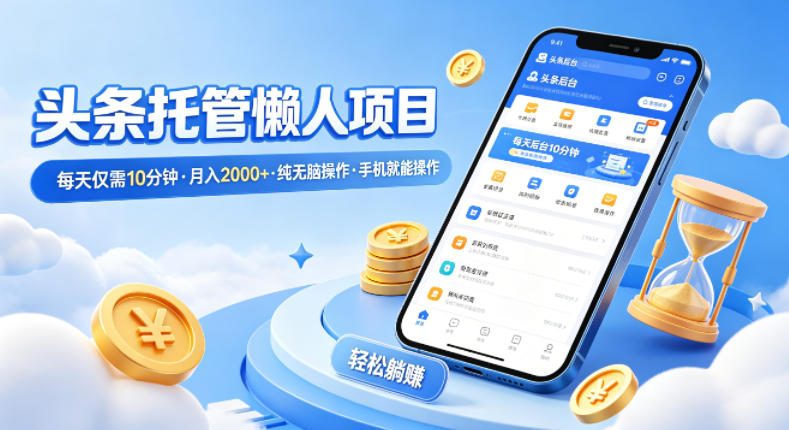 头条托管懒人项目，每天仅需10分钟，月入2000+，纯无脑操作，手机就能操作【揭秘】-鸿途网创资源站