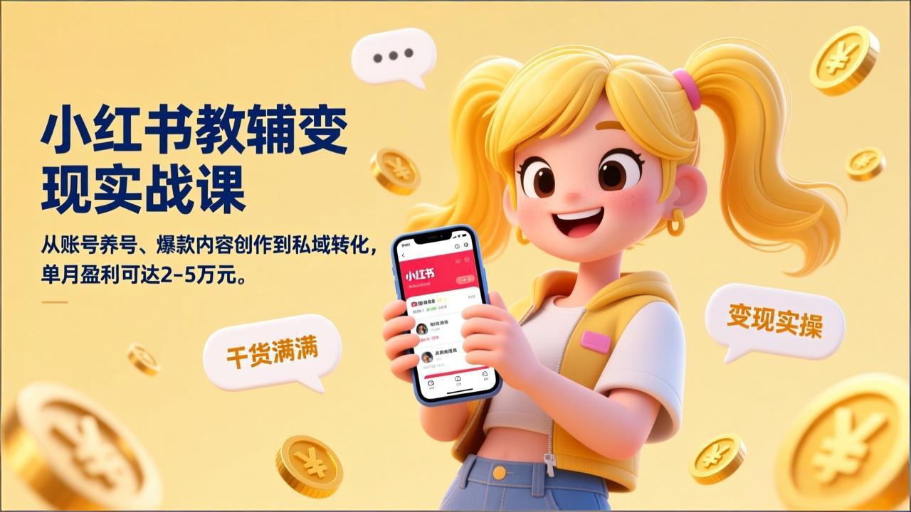 小红书教辅变现实战课，从账号养号、爆款内容创作到私域转化，单月盈利可达2-5万元-鸿途网创资源站