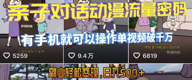 AI引爆短视频，亲子对话动漫流量密码，有手机就可以操作，单视频破千万播放，副业轻松变现，日入5张【揭秘】-鸿途网创资源站