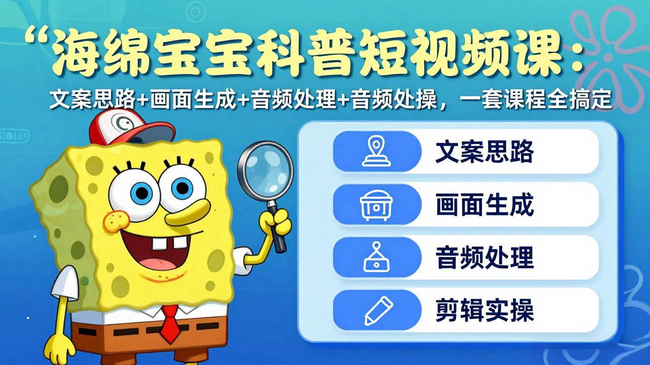 海绵宝宝科普短视频课：文案思路+画面生成+音频处理+剪辑实操，一套课程全搞定-鸿途网创资源站