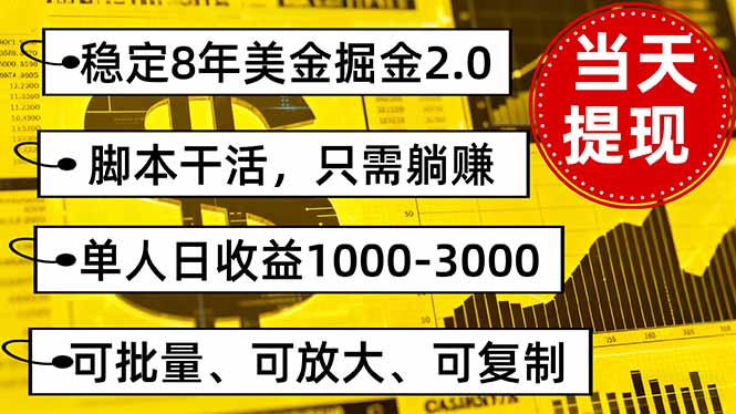 稳定8年美金掘金2.0脚本干活，只需躺赚。单人日收益1000-3000可批量、…-鸿途网创资源站