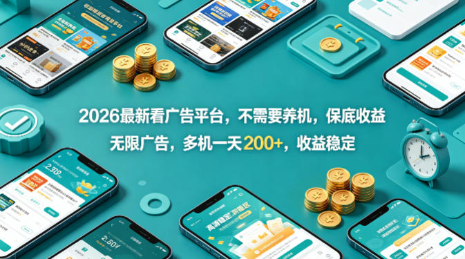 2026最新看广告平台，不需要养机，保底收益，无限广告，多机一天200+，收益稳定【揭秘】-鸿途网创资源站