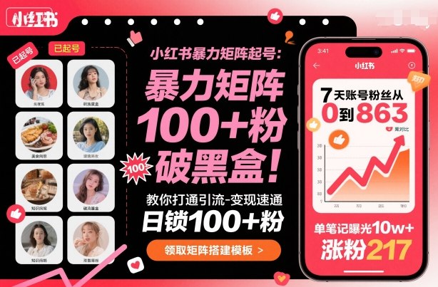 小红书暴力矩阵起号，教你打通引流-变现速通，日锁100+粉，破流量黑盒-鸿途网创资源站
