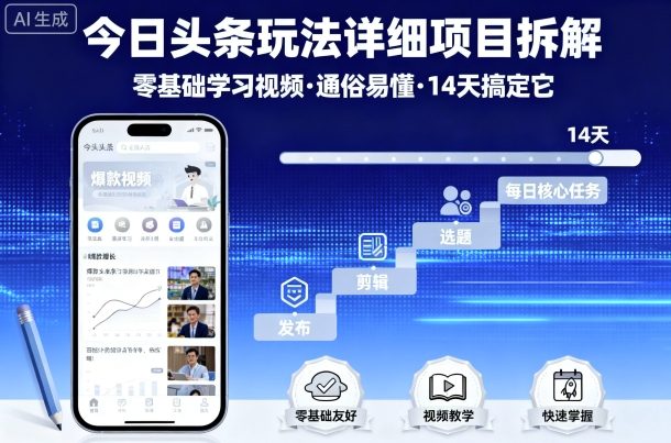今日头条玩法详细项目拆解，零基础学习视频 通俗易懂 14天搞定它-鸿途网创资源站