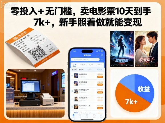 零投入+无门槛,卖电影票10天到手7k+,新手照着做就能变现【揭秘】-鸿途网创资源站