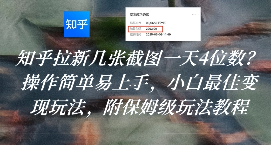 知乎拉新几张截图一天4位数？操作简单易上手，小白最佳变现玩法，附保姆级玩法教程-鸿途网创资源站