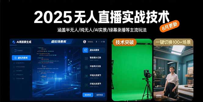 2025无人直播实战技术-8月，涵盖半无人/纯无人/AI实景/绿幕录播等主流玩法-鸿途网创资源站